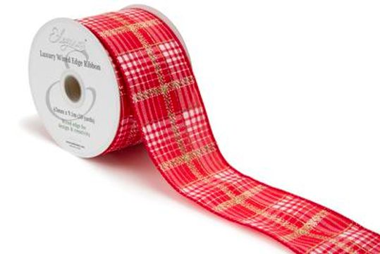Eleganza Wired Edge Luxury Tartan Red Gold Metallic No.492 63mm x 9.1m - Christmas Ribbon